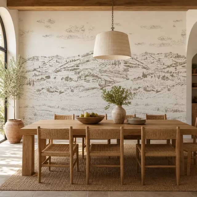 Countryside hills mural on a warm Mediterranean dining room wall