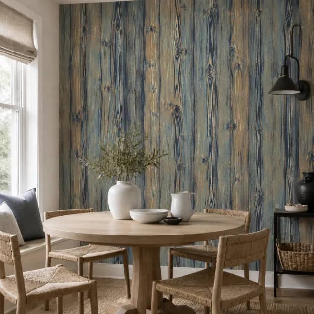 Distressed blue wood wallpaper in a coastal dining nook