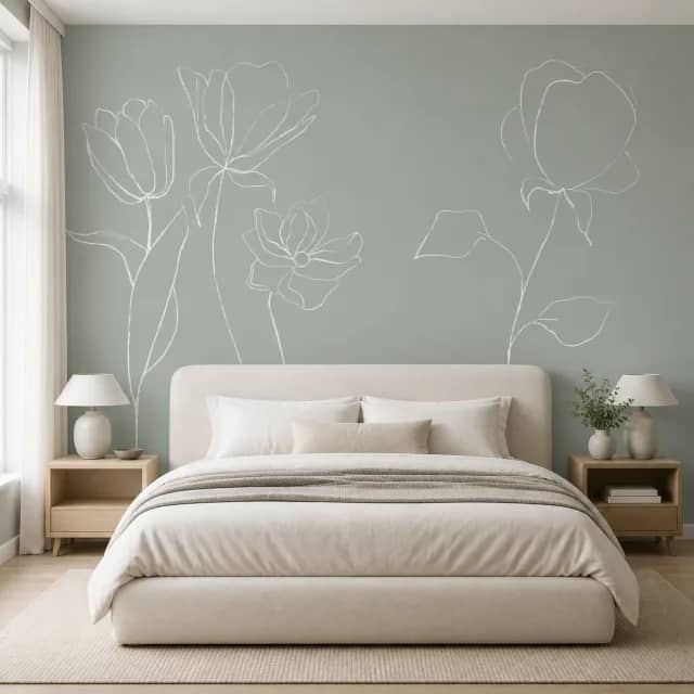 Minimal bedroom with a sage and white floral linework mural