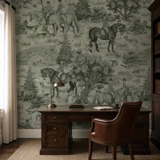 Sage horse and rider mural in a classic study