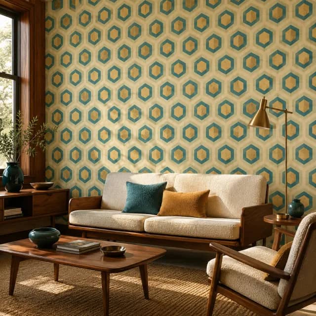 Retro hexagon wallpaper installed behind a sofa in a mid-century living room