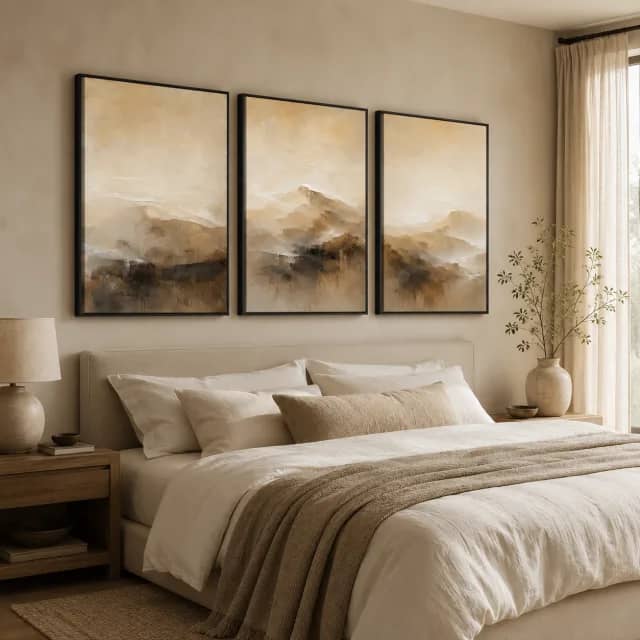 Sands of Stillness Triptych above a calm bed in black frames