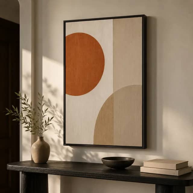 Quiet Earthen Circles in a black frame above a modern console with warm light