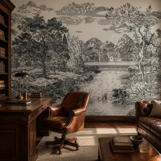Black-and-white engraved landscape mural in a classic study