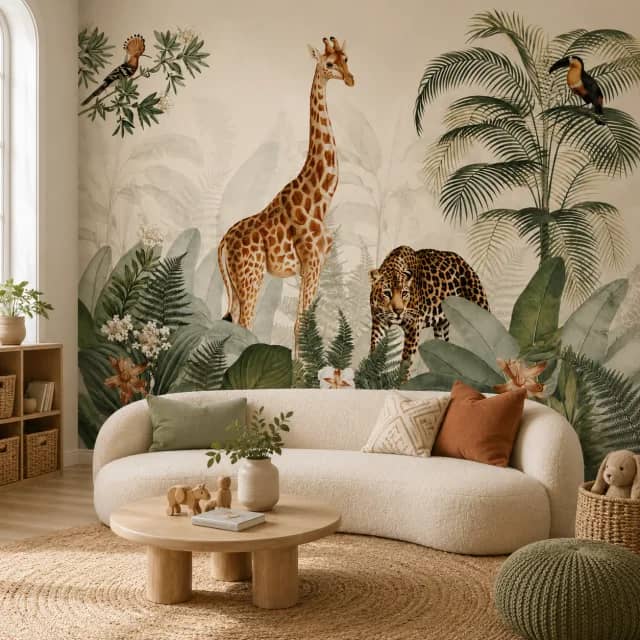 Safari wallpaper mural in a soft family lounge corner