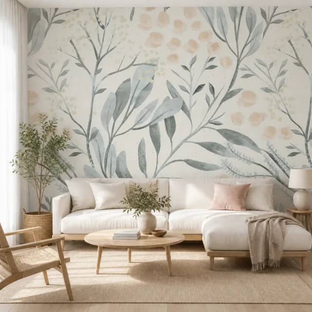 Pastel botanical mural on a Scandinavian living room wall