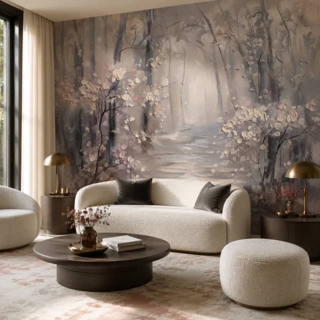 Misty forest wallpaper mural behind an ivory sofa in a modern lounge