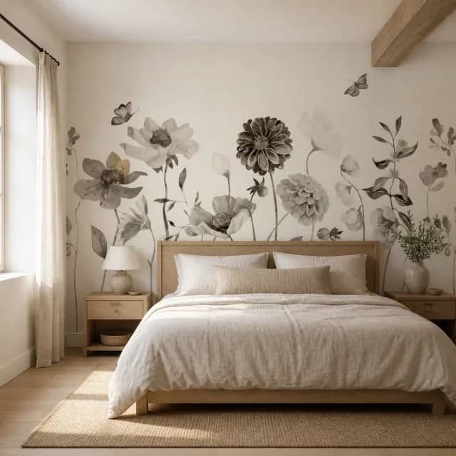 Sepia wildflower and butterfly mural in a serene bedroom