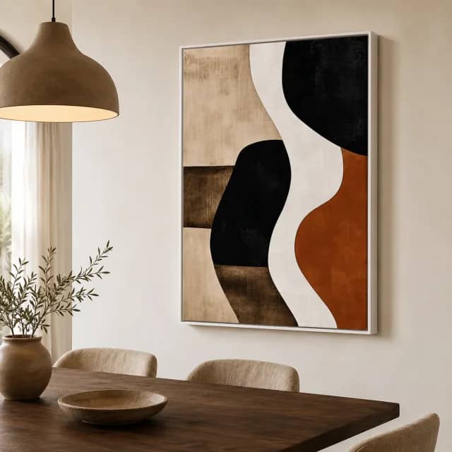 Quiet Earth Curve in a white floater frame inside a warm dining room
