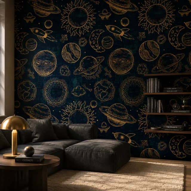 Navy gold space wallpaper installed in a refined reading lounge