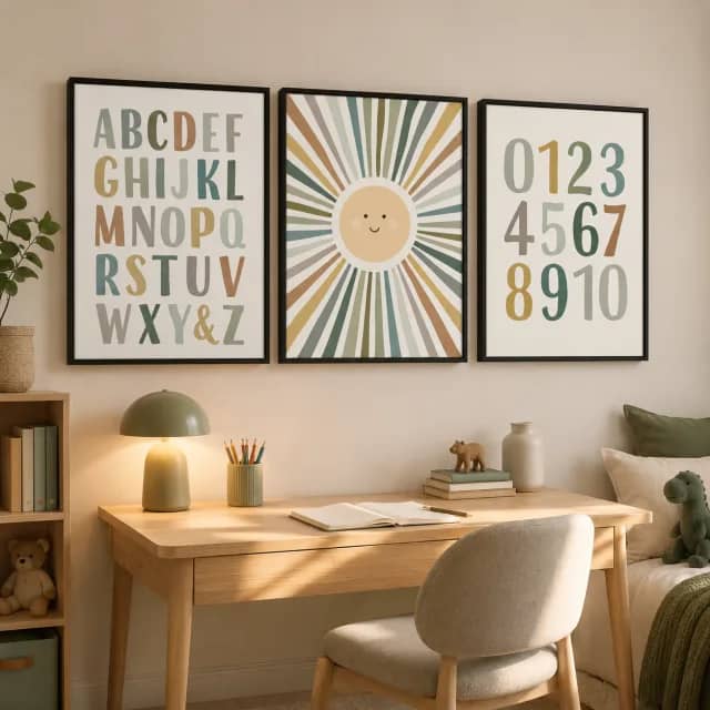 Kids alphabet and numbers wall art in black frames above a small study desk
