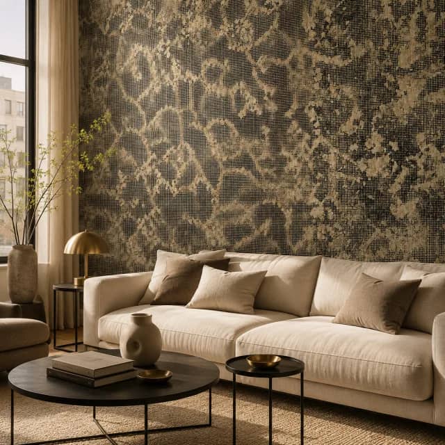Distressed woven wallpaper behind a cream sofa in a modern lounge