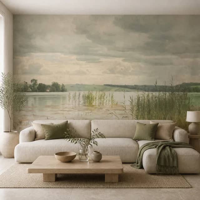 Serene lakeside mural installed edge-to-edge in an organic modern living room