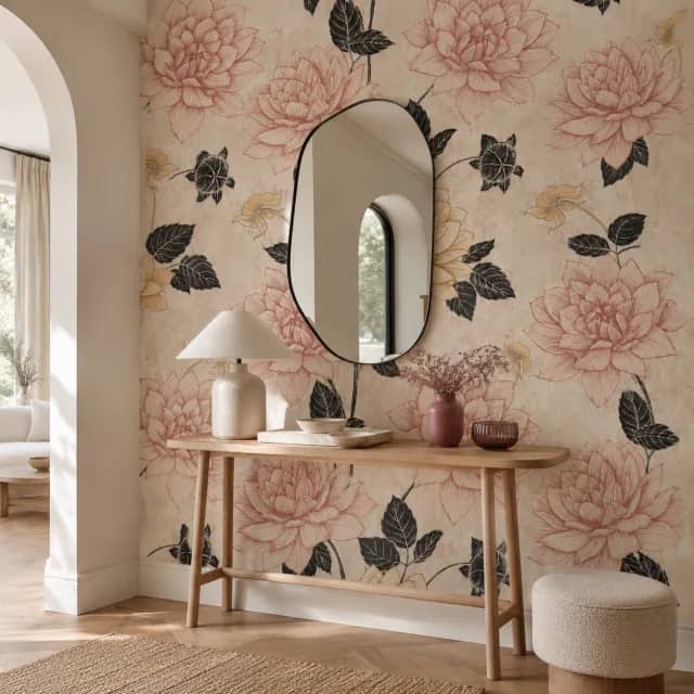 Rose dahlia wallpaper installed behind a wood console and black mirror