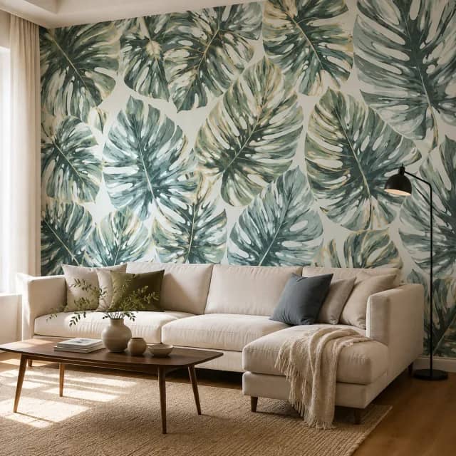Blue green monstera wallpaper installed in a modern living room