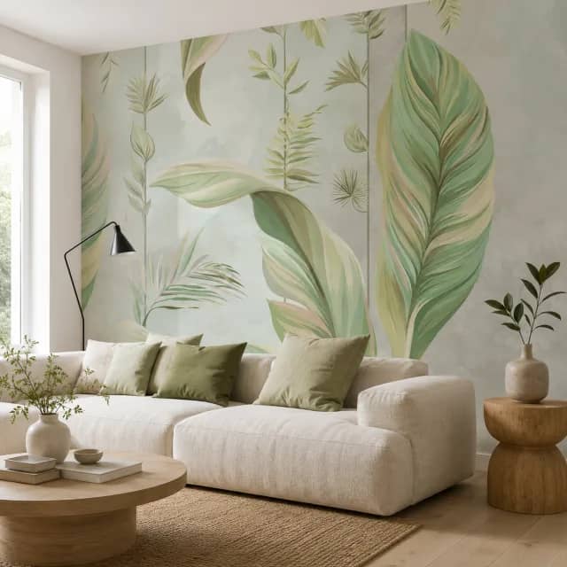 Tropical leaves wallpaper installed in a calm living room corner