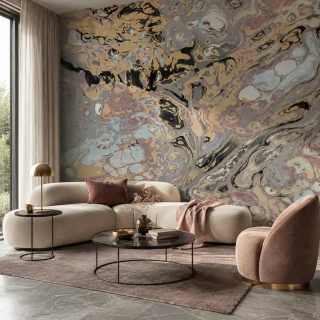 Abstract marble wallpaper mural installed on a contemporary living room feature wall