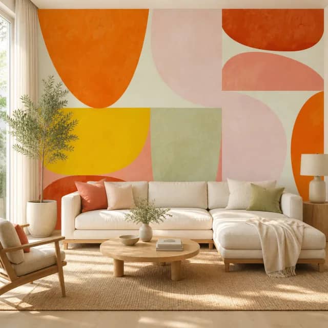 Colorful geometric mural covering a contemporary living room wall