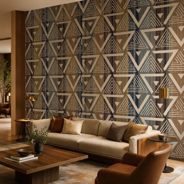 Geometric triangle wallpaper installed behind a sofa in a boutique lounge