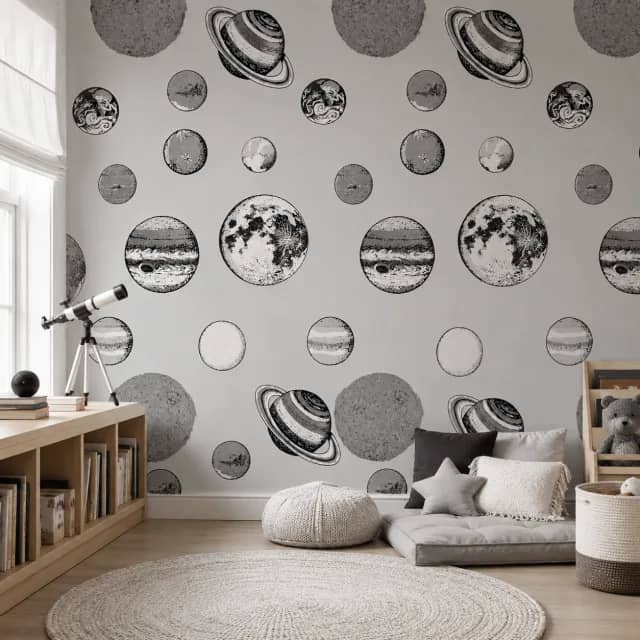 Gray planets wallpaper in a children's reading nook