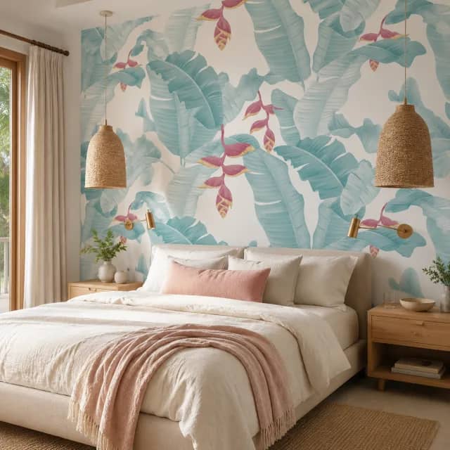 Aqua tropical leaf wallpaper installed behind a bed in a calm bedroom