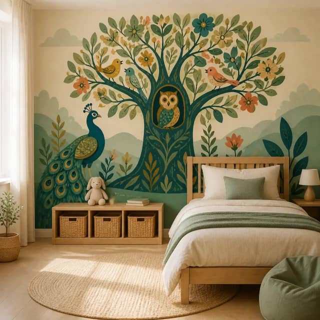 Peacock and owl mural in a children's bedroom with oak furniture
