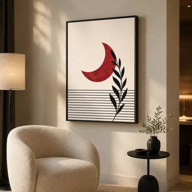 Quiet Crimson Crescent in a black frame in a warm modern lounge corner