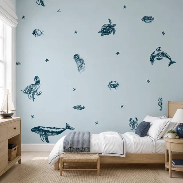 Navy marine animals mural in a children’s bedroom with an oak bed and white linen