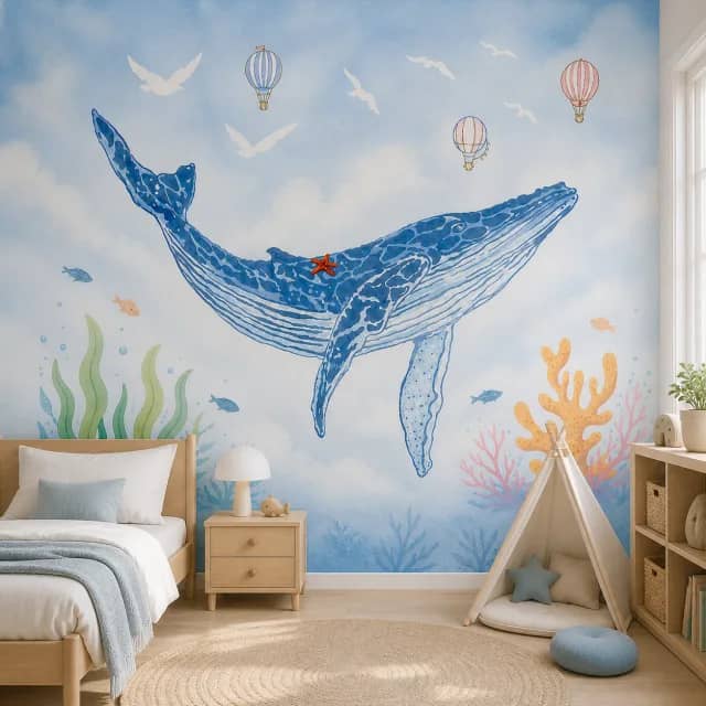 Whale and balloons mural on a calm children’s bedroom wall