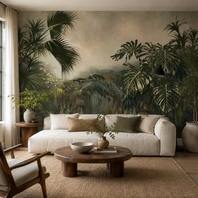Tropical wallpaper mural installed on a contemporary living room wall