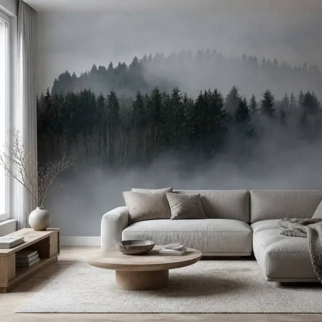 Misty forest wallpaper mural in a calm contemporary living room