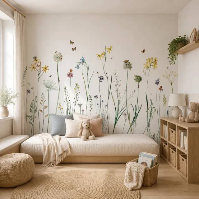 Wildflower and butterfly mural in a calm nursery