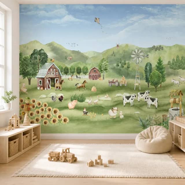Farm animals mural in a bright children’s playroom