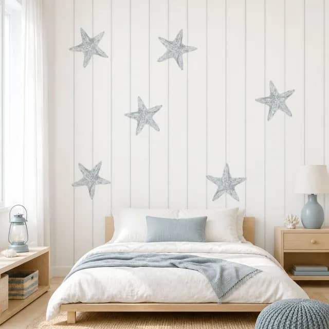 Starfish wallpaper in a coastal children's bedroom