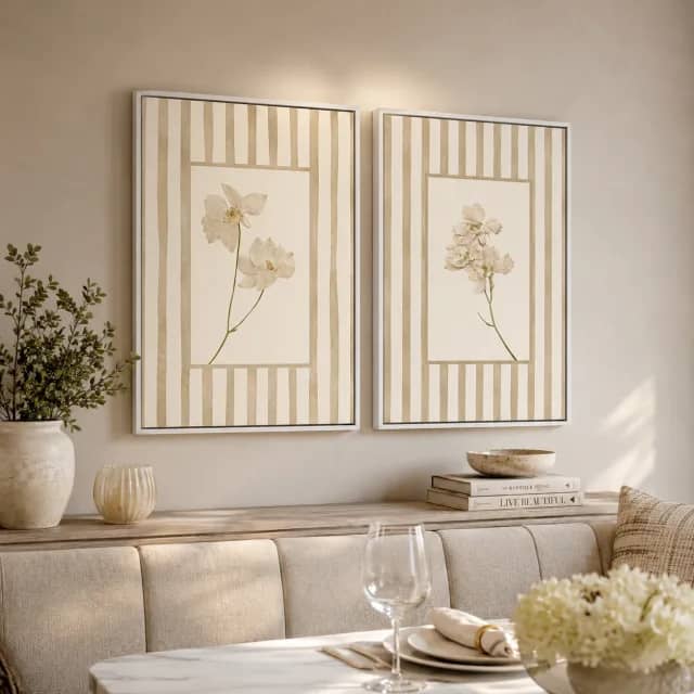 Striped Floral Whisper wall art in a quiet dining nook with white frames