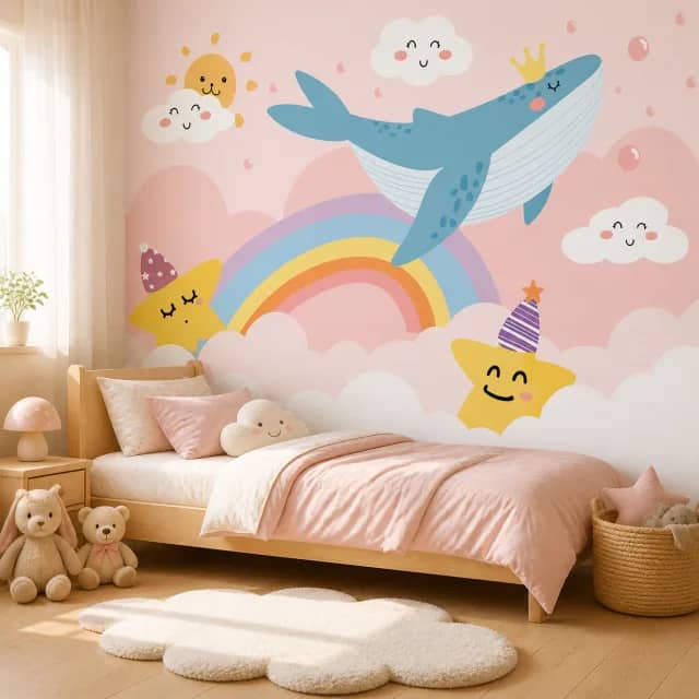 Whale and rainbow wallpaper in a blush pink children's bedroom