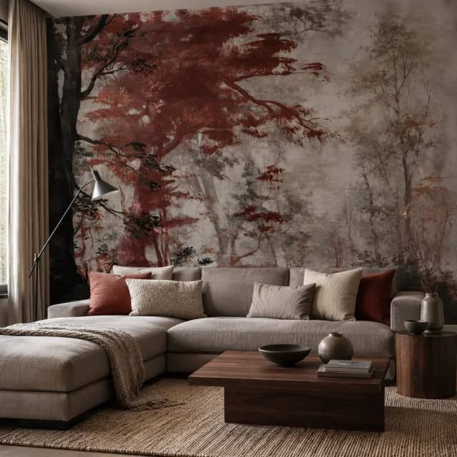 Misty Autumn Forest interior wallpaper mockup