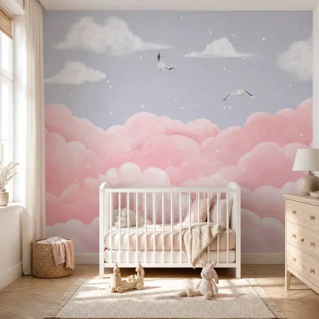 Pink cloud and bird wallpaper in a nursery with a white crib
