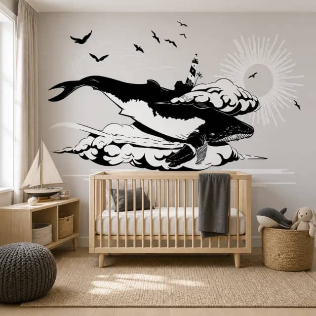 Whale wallpaper in a calm coastal nursery