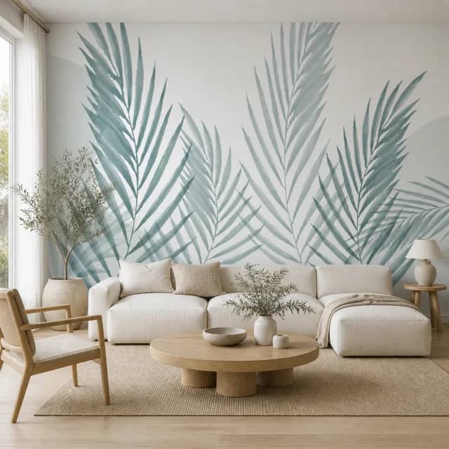 Blue-gray watercolor palm mural in a bright contemporary living room