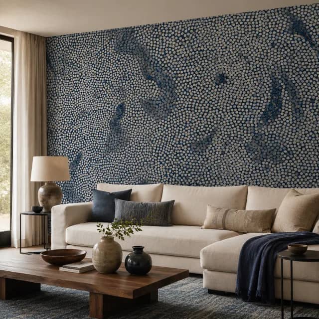 Navy botanical wallpaper installed behind a cream sofa in a modern living room