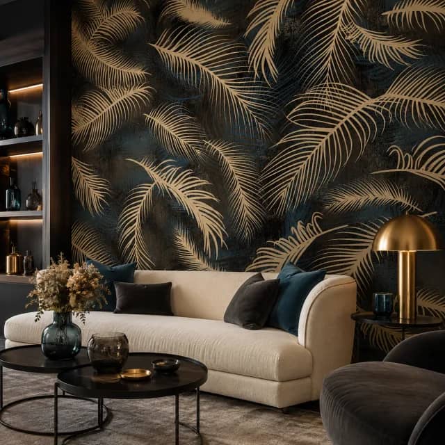 Dark gold palm wallpaper in a luxury lounge corner