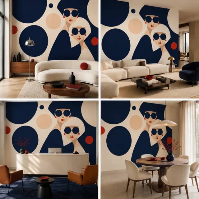 Abstract portrait wallpaper installed on a modern lounge wall with a light sofa