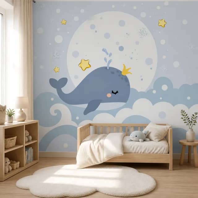 Moon Whale mural in a calm toddler bedroom