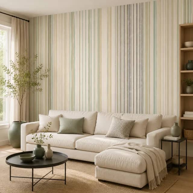 Beige and sage striped wallpaper behind a cream sofa in a living room