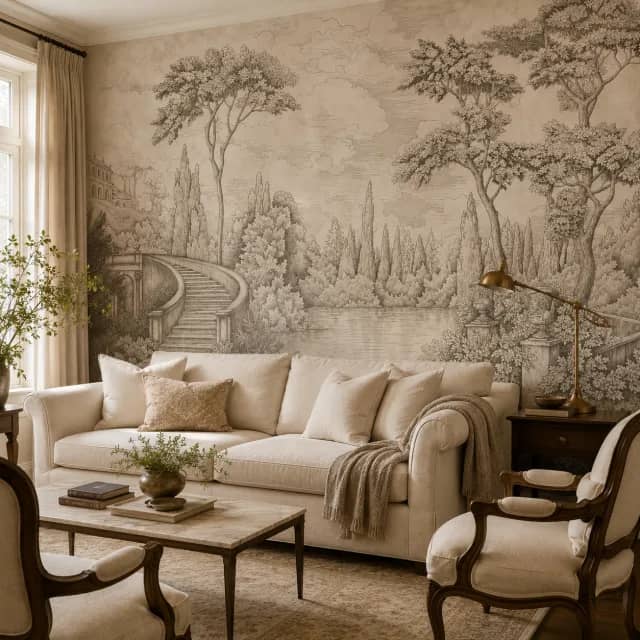 Classic toile garden mural installed behind a linen sofa in a quiet salon