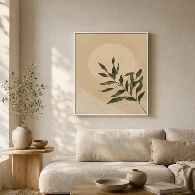 Branch Beneath a Quiet Moon in a white frame above a beige Japandi sofa