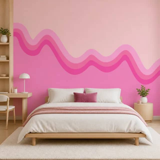 Pink wave mural on a contemporary bedroom wall