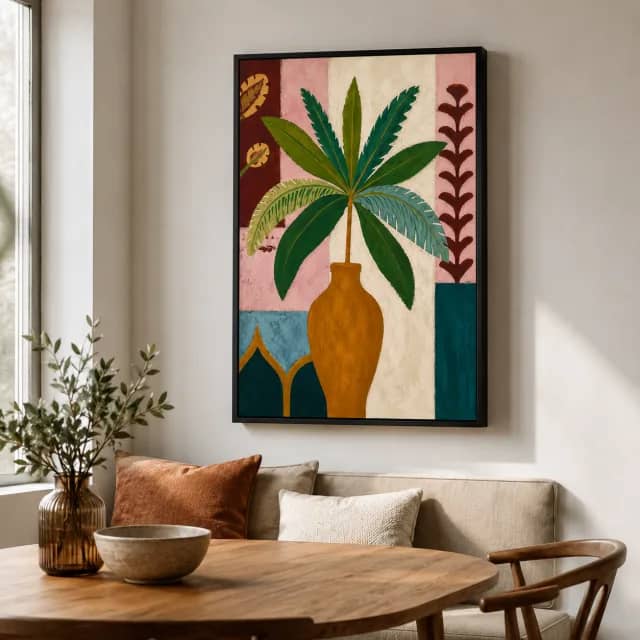 Quiet Palm Oasis in a black frame in a modern dining nook with warm accents