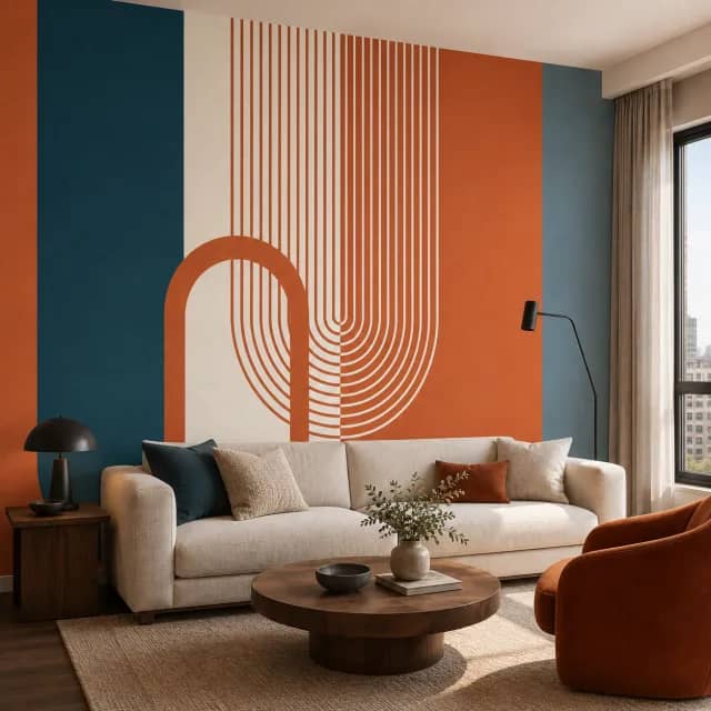 Orange and teal geometric wallpaper installed on a modern living room wall